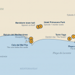 Map of Benidorm showing nine Benidorm Is Murder filming locations, numbered from Intempo in the west to the cross on the Serra Gelada in the east