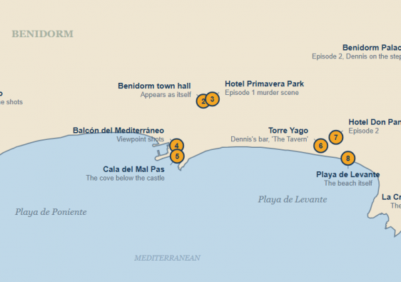 Map of Benidorm showing nine Benidorm Is Murder filming locations, numbered from Intempo in the west to the cross on the Serra Gelada in the east