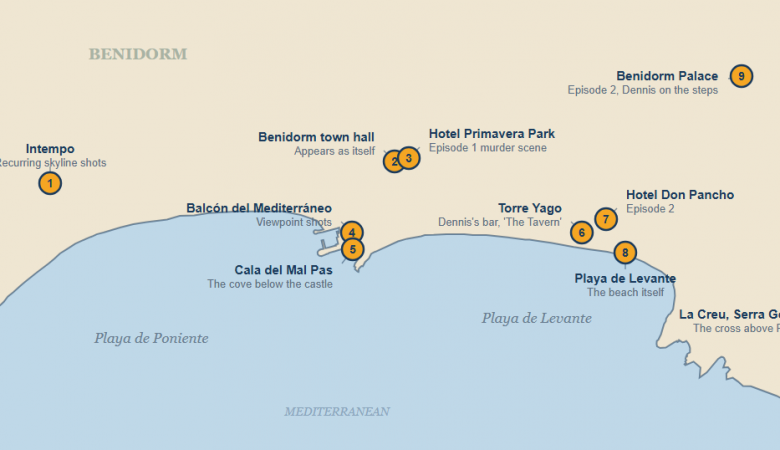 Map of Benidorm showing nine Benidorm Is Murder filming locations, numbered from Intempo in the west to the cross on the Serra Gelada in the east
