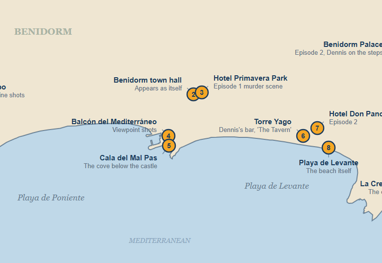 Map of Benidorm showing nine Benidorm Is Murder filming locations, numbered from Intempo in the west to the cross on the Serra Gelada in the east