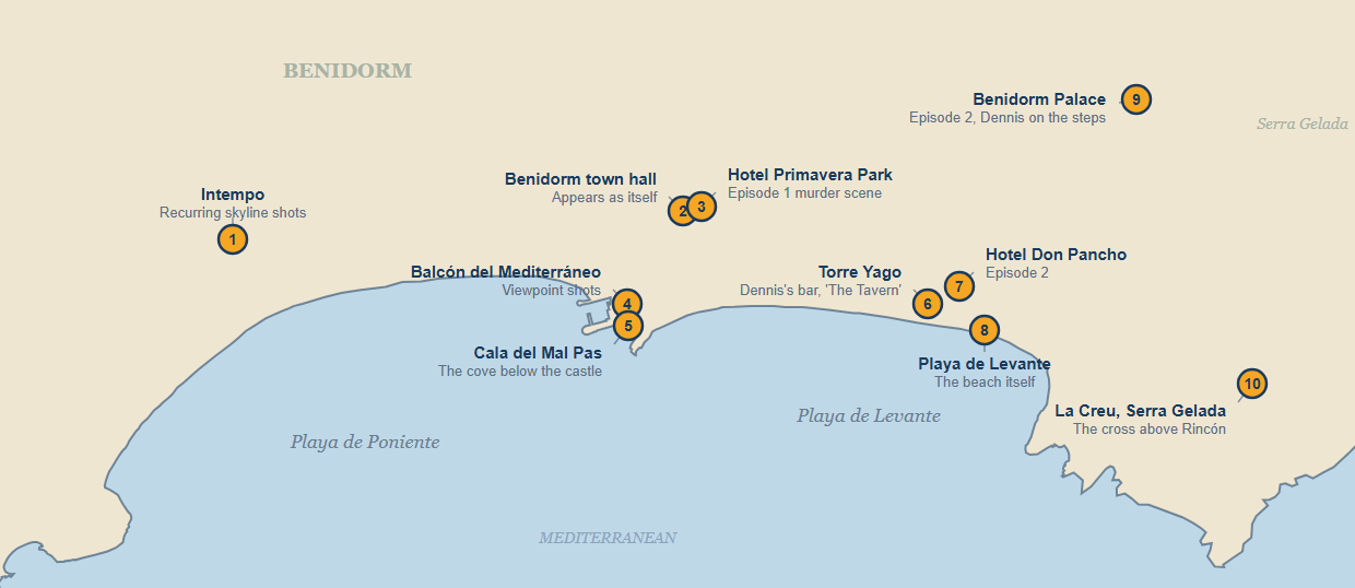 Map of Benidorm showing nine Benidorm Is Murder filming locations, numbered from Intempo in the west to the cross on the Serra Gelada in the east