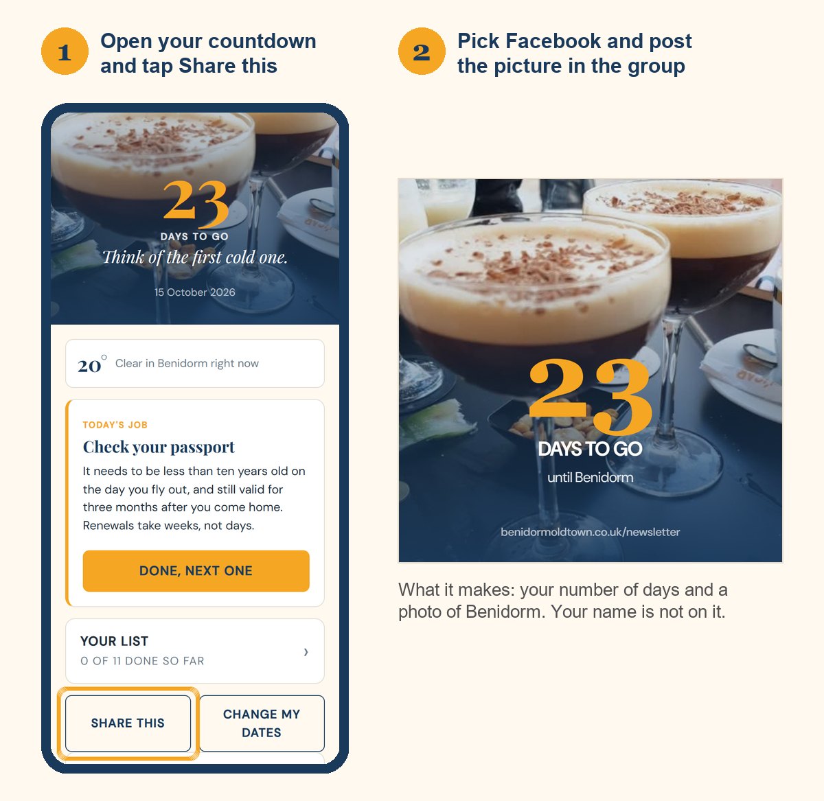 Step 1: open your countdown and tap Share this, near the bottom. Step 2: pick Facebook and post the square picture it makes in the group.