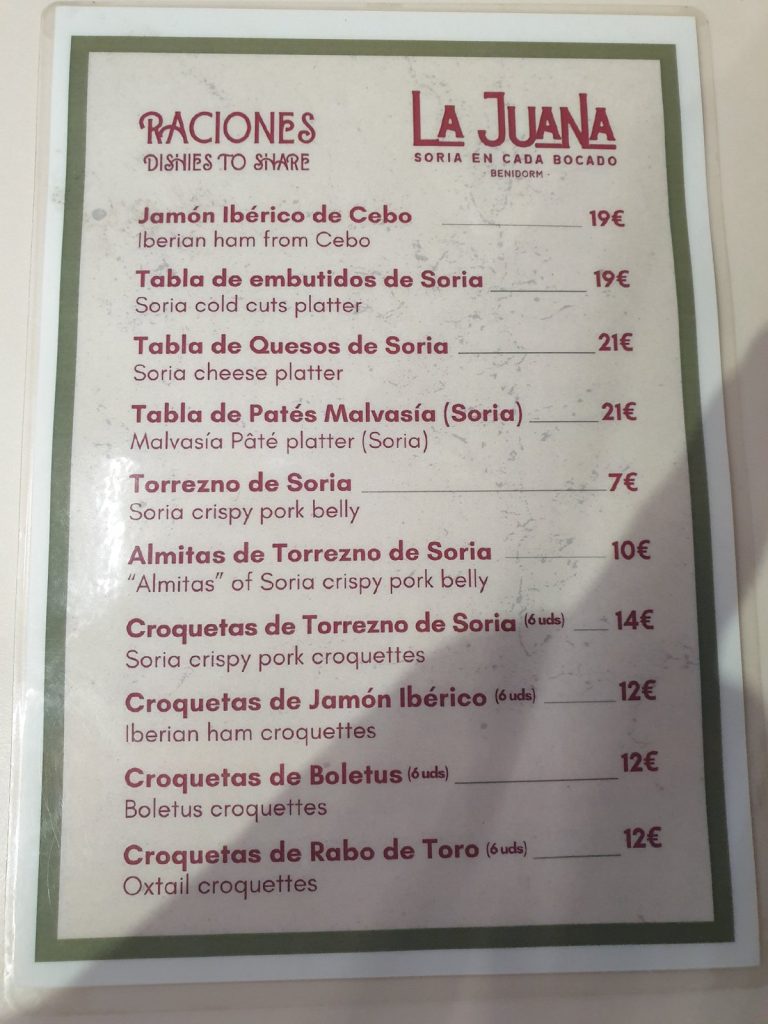 La Juana raciones menu with English translations and prices